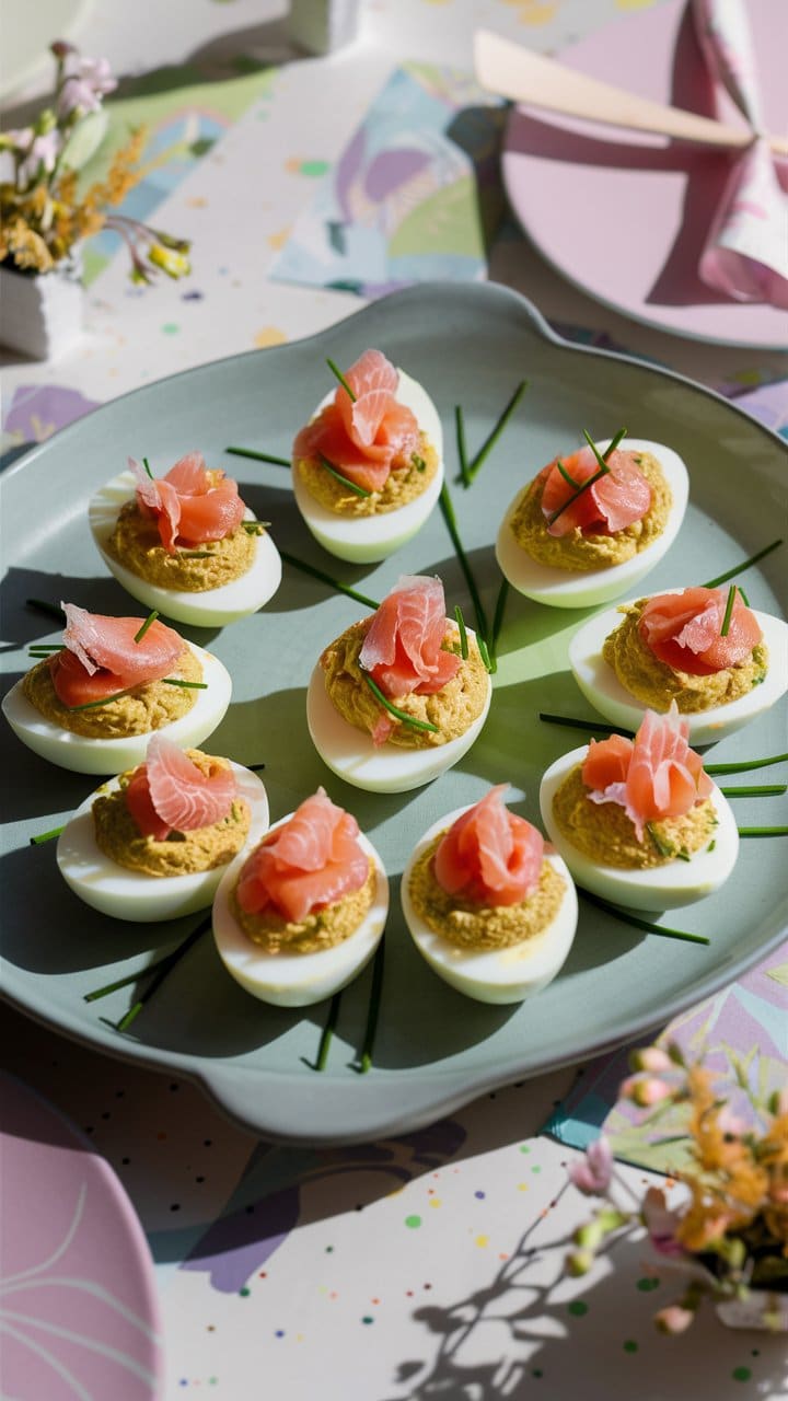 Œufs farcis au saumon sur assiette.