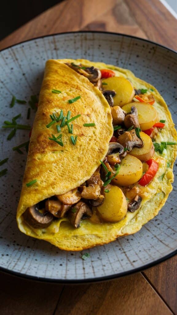 Omelette aux légumes sur assiette grise.