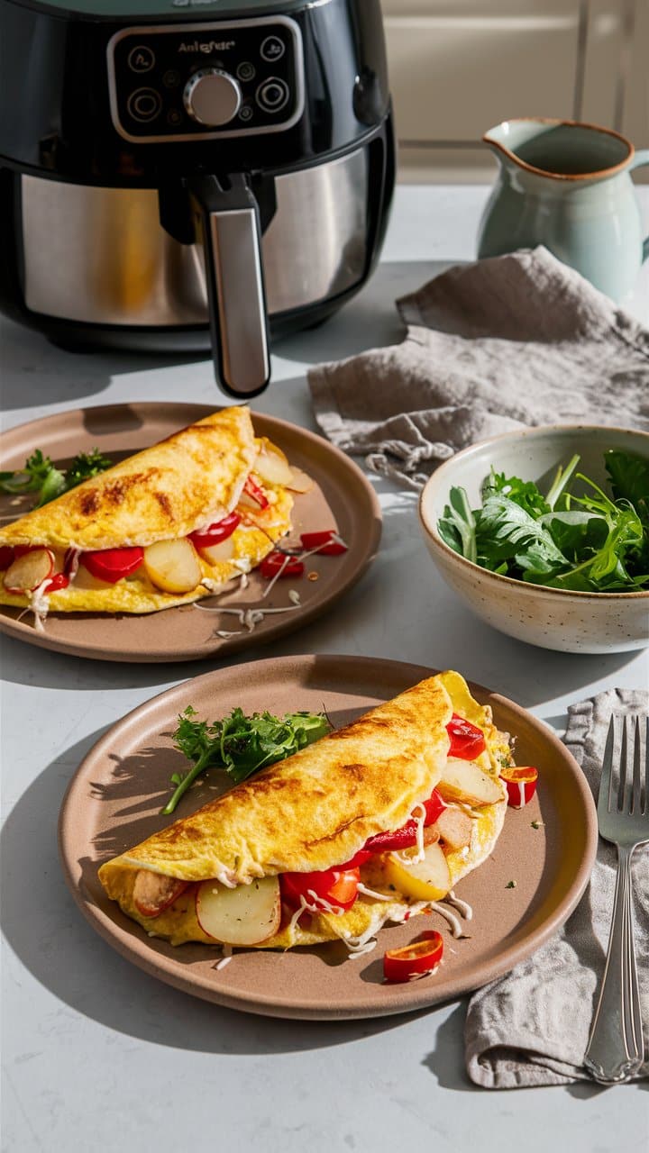 Omeltettes garnies de légumes près d'une friteuse.