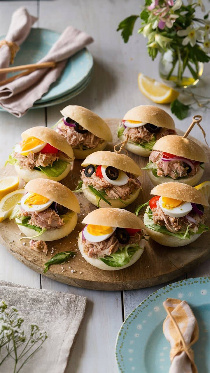 Plateau de mini-burgers garnis de thon et œufs.