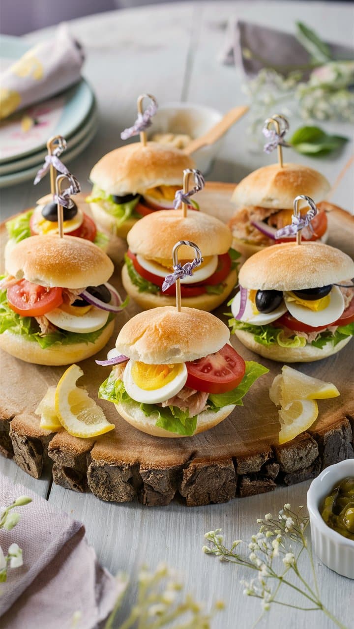 Mini burgers garnis de légumes et œufs durs.