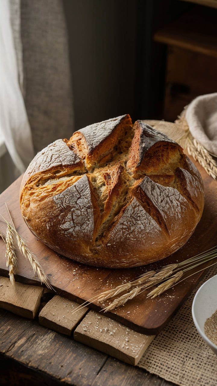Pain de campagne sur planche en bois.