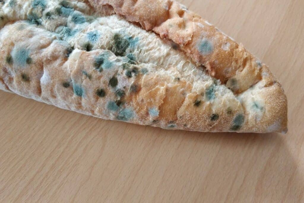 Baguette avec moisissure sur une table.