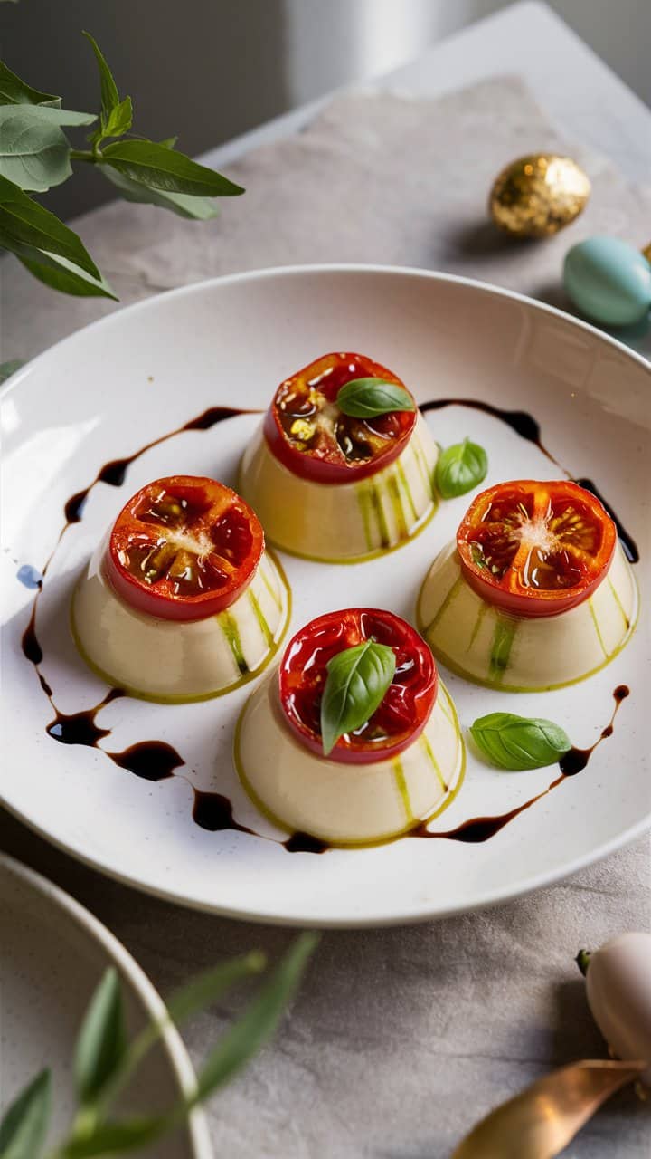 Assiette de panna cotta aux tomates et basilic