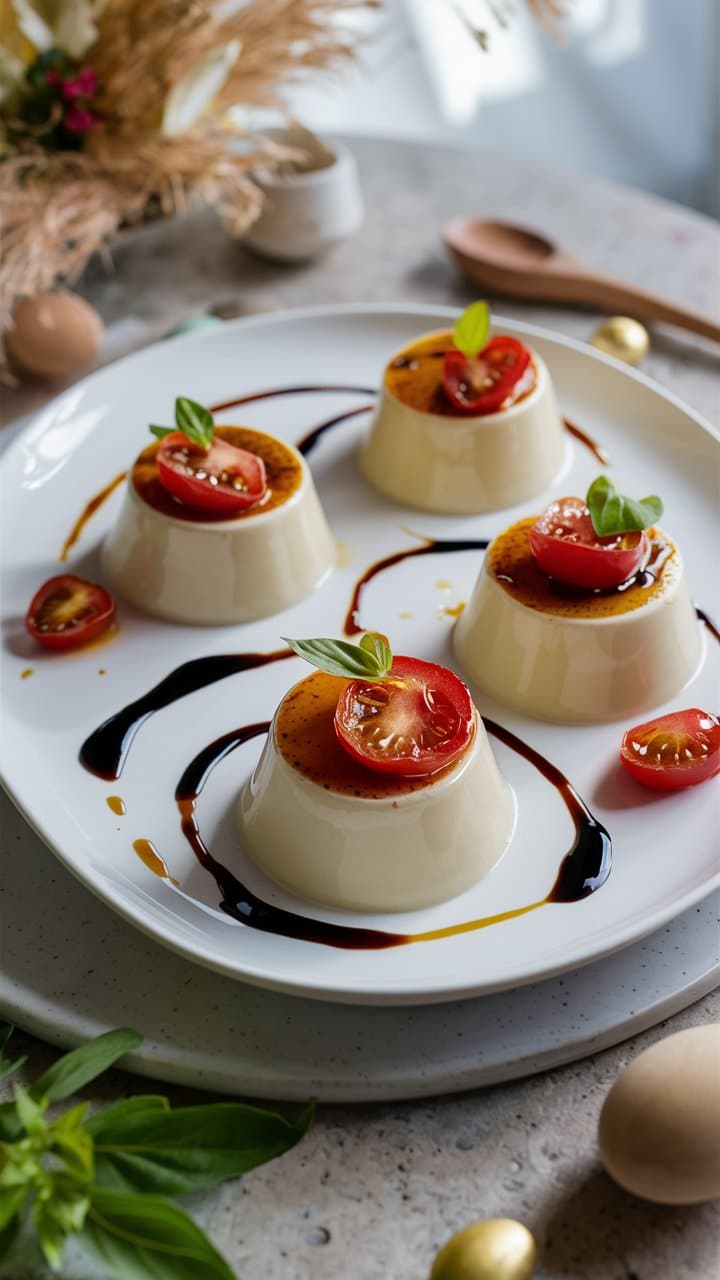Dessert décoré de tomates cerises et basilic frais.