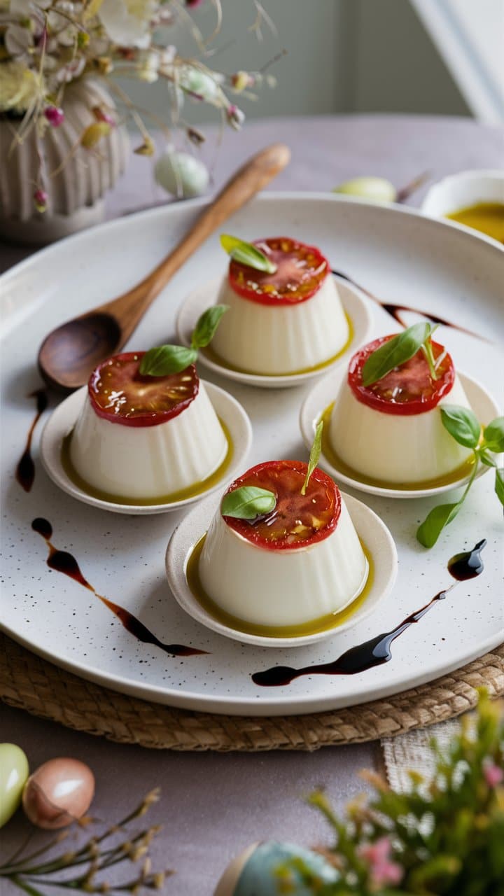 Panacotta tomate basilic sur assiette blanche.