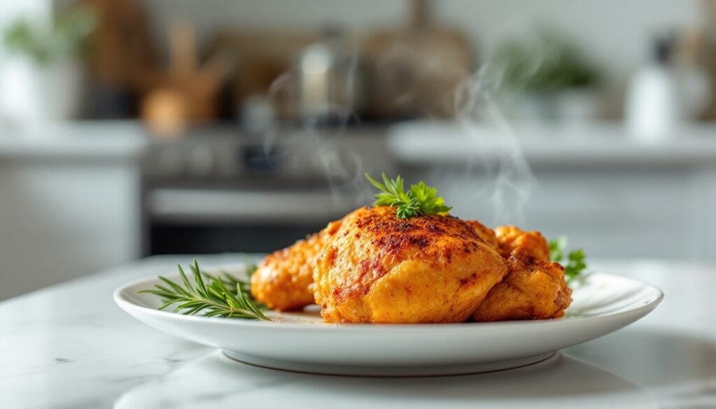 Poulet rôti avec herbes sur assiette blanche.