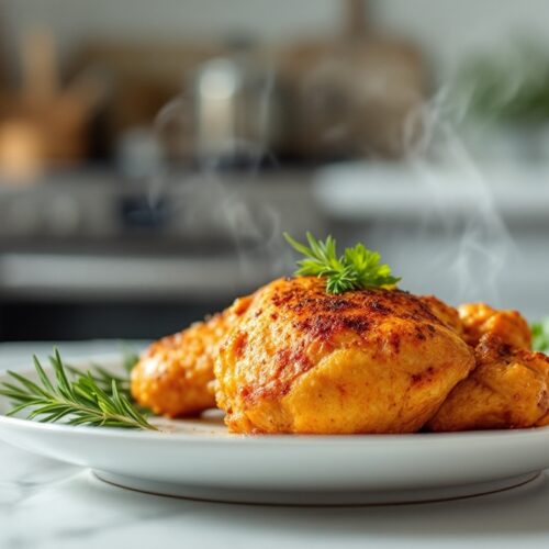 Poulet rôti avec herbes sur assiette blanche.