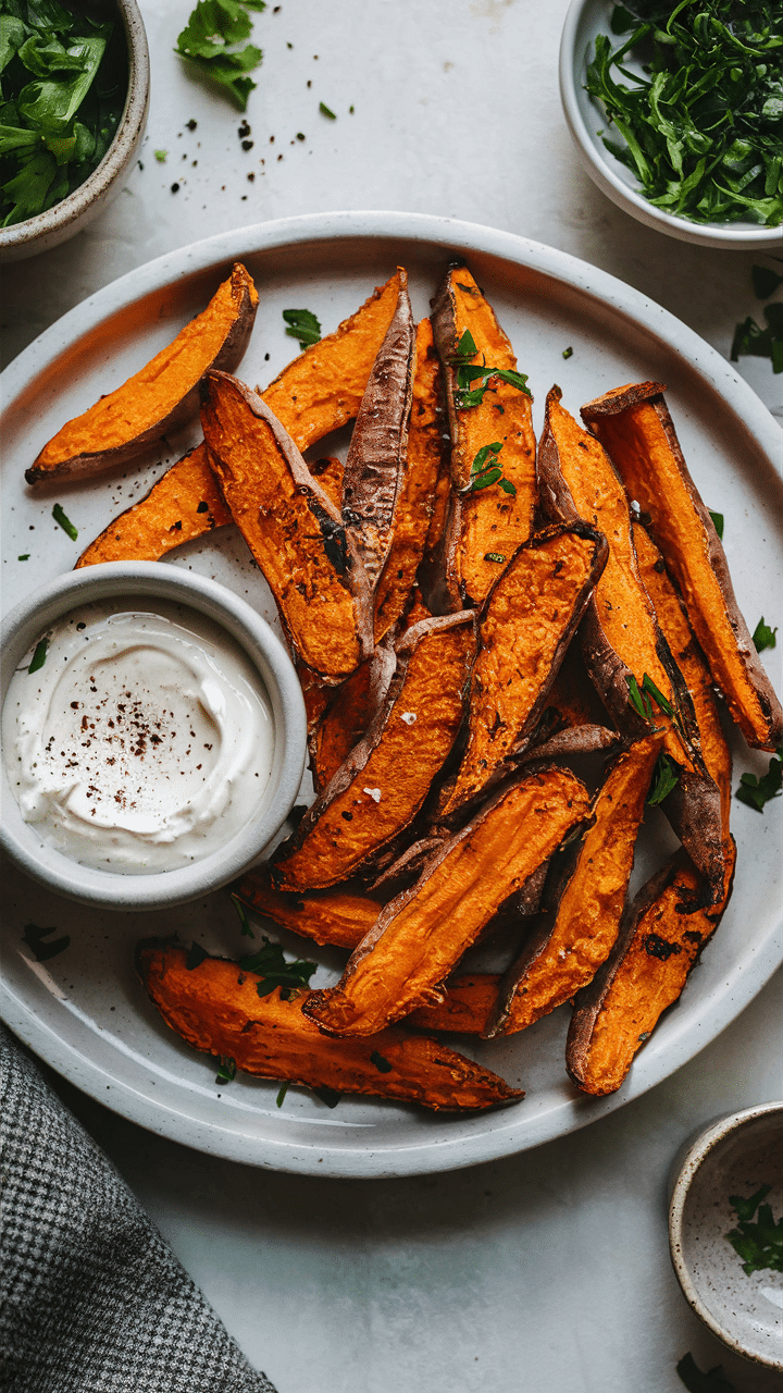 Frites de patate douce avec sauce blanche.