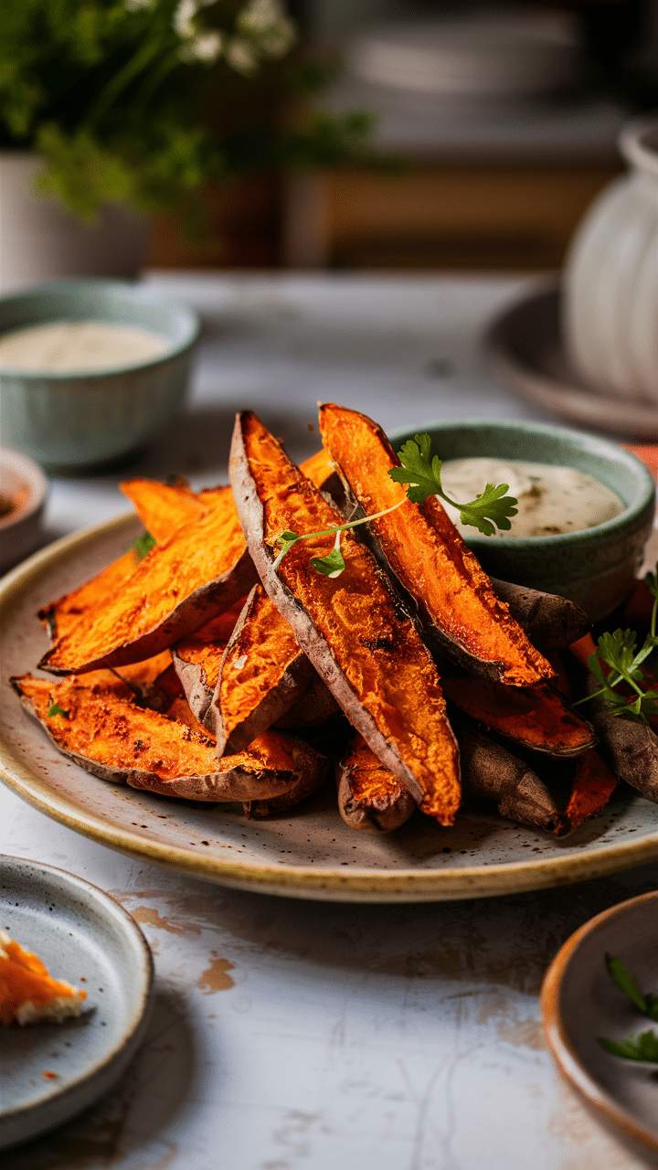 Frites de patate douce avec sauce blanche.