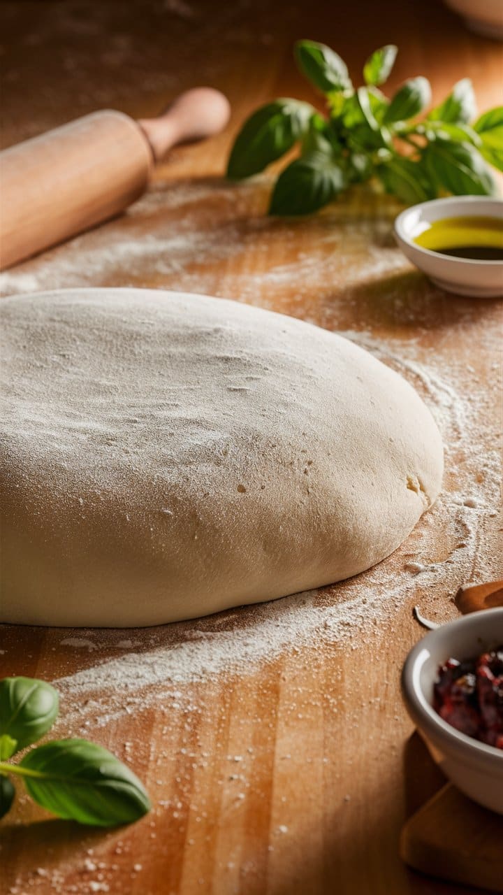 Pâte à pizza sur planche en bois avec ingrédients