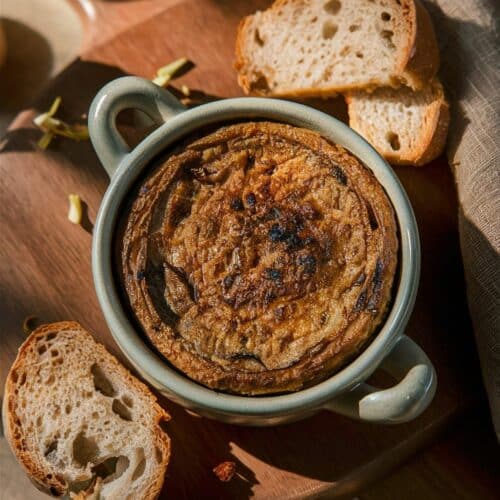 Plat de gratin avec tranches de pain.