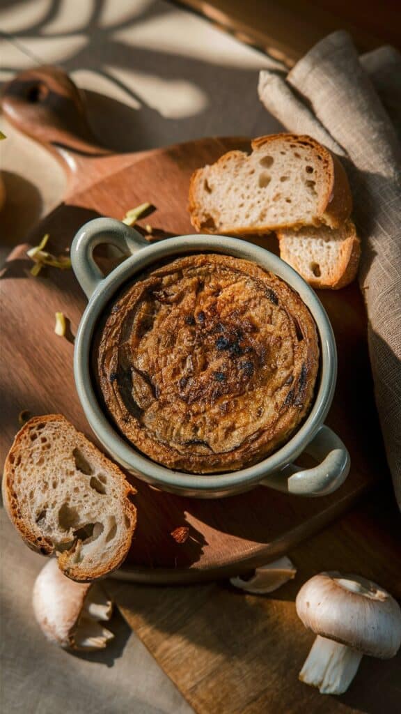 Plat de gratin avec tranches de pain.