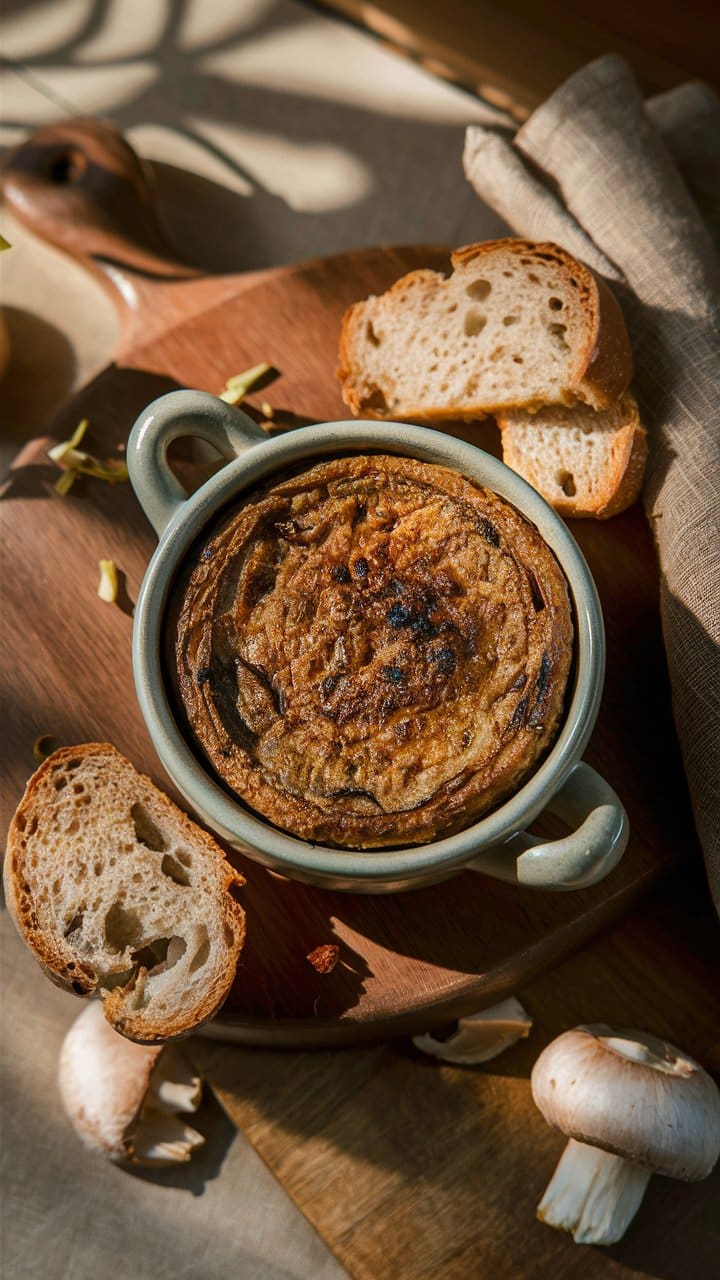 Plat de gratin avec tranches de pain.