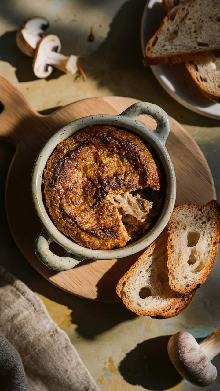 Soufflé aux champignons et pain tranché.