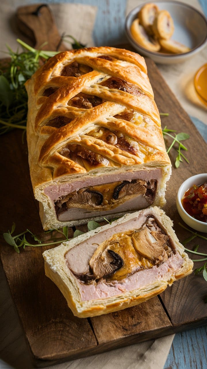 Pâté en croûte garni de champignons tranché.
