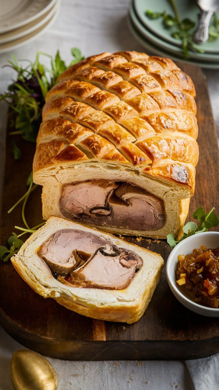 Rôti en croûte sur planche avec chutney.