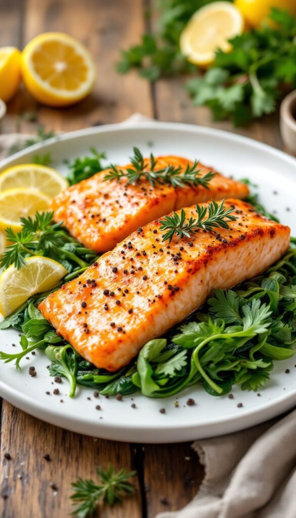 Saumon grillé sur lit de légumes verts.