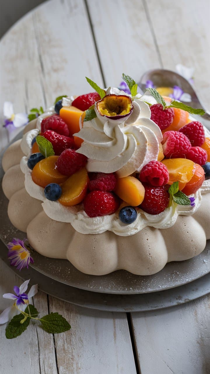 Pavlova aux fruits et crème chantilly.