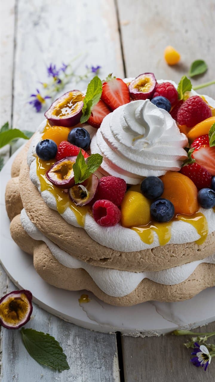 Gâteau pavlova aux fruits frais et chantilly.
