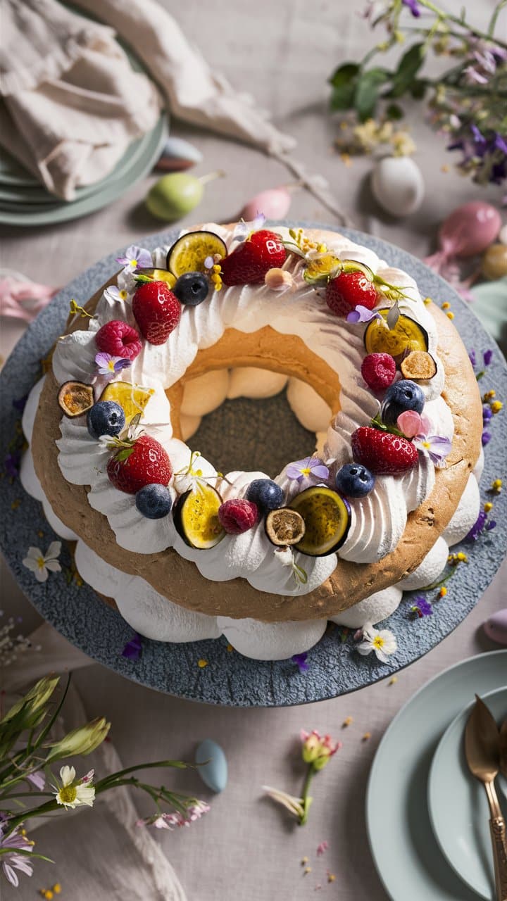 Gâteau décoré de fruits et fleurs.