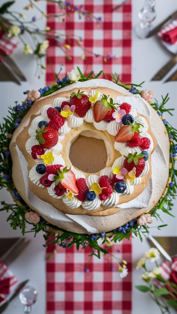 Gâteau meringué décoré de fruits rouges et fleurs comestibles.
