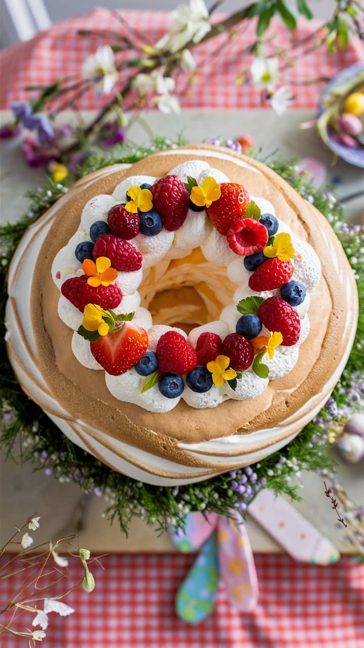 Gâteau festif décoré de fruits et de fleurs.
