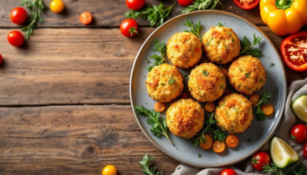Boulettes dorées avec tomates et herbes fraîches.