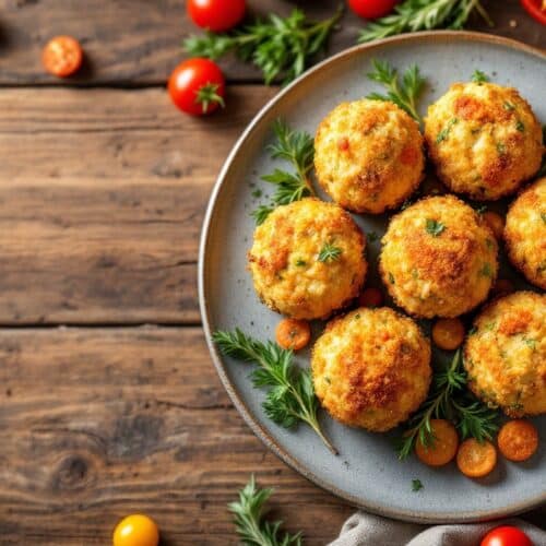 Boulettes dorées avec tomates et herbes fraîches.
