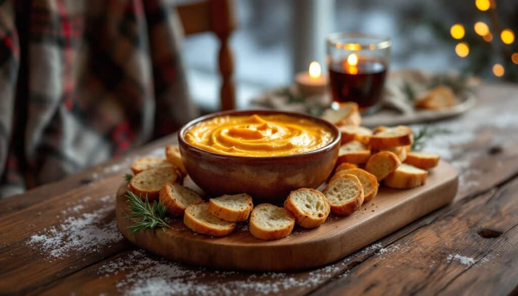 Soupe à la citrouille avec croûtons sur table rustique.