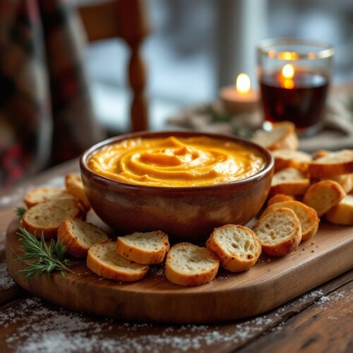 Soupe à la citrouille avec croûtons sur table rustique.