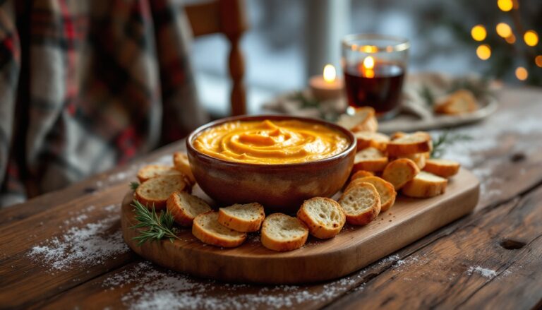 Soupe à la citrouille avec croûtons sur table rustique.