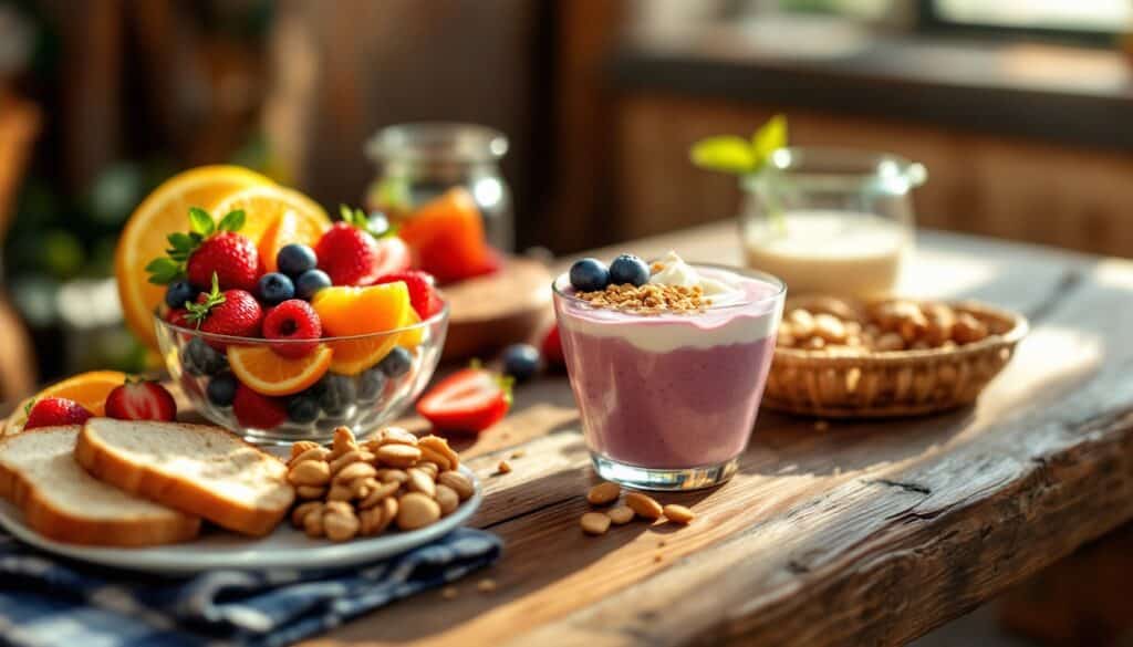 Petit-déjeuner avec fruits et yaourt sur table en bois.