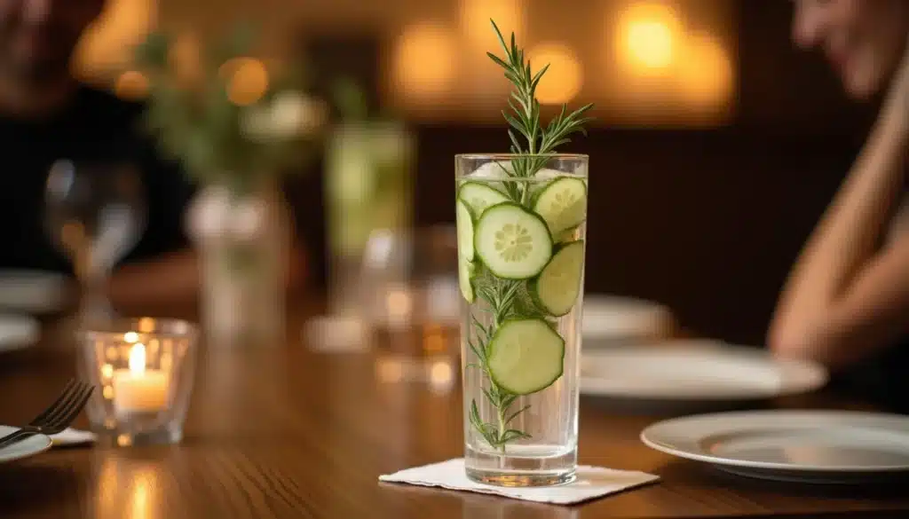 Verre d'eau avec concombre et romarin.