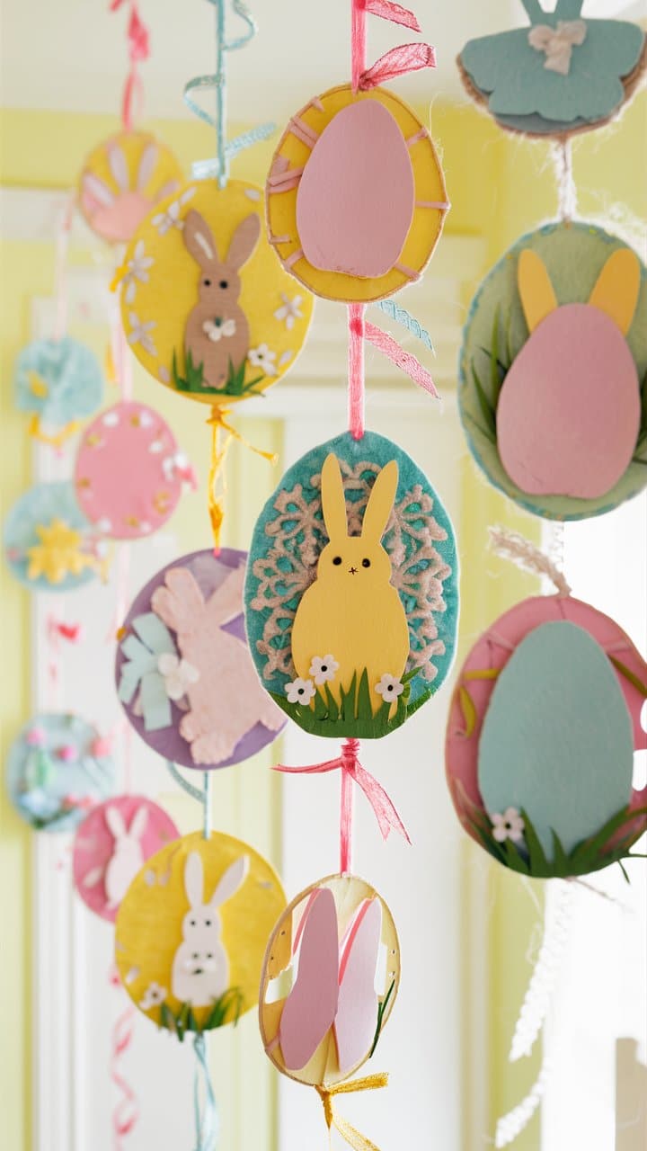 Guirlande décorative de Pâques avec lapins et œufs colorés.