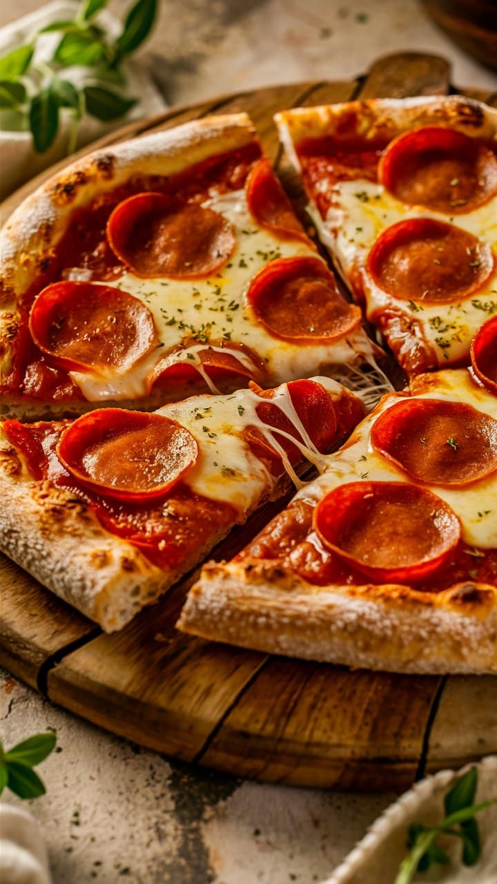 Pizza au pepperoni sur planche en bois.