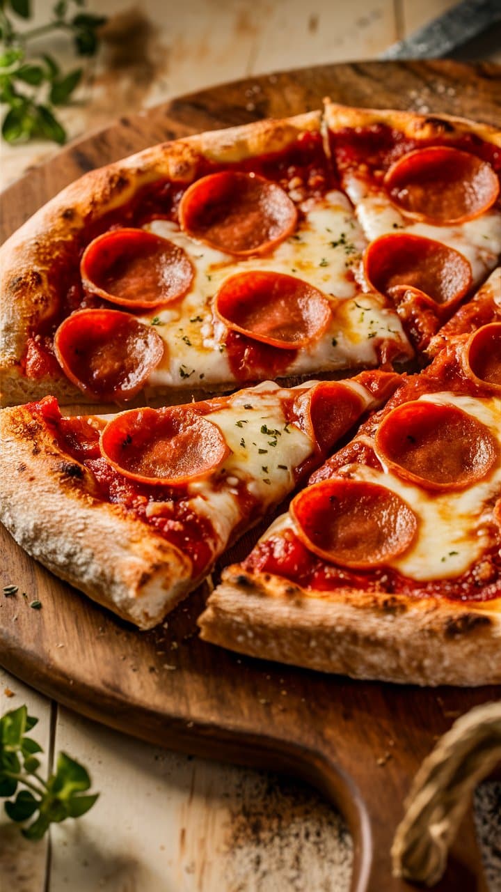 Pizza pepperoni sur planche en bois.