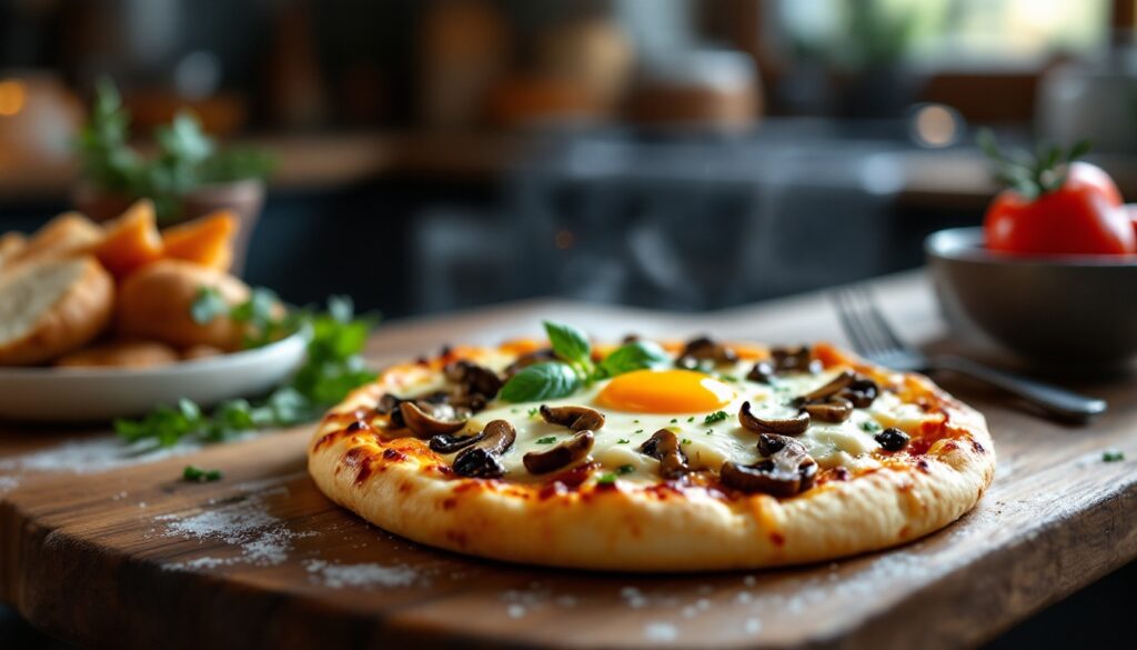 Pizza aux champignons et œuf au centre.
