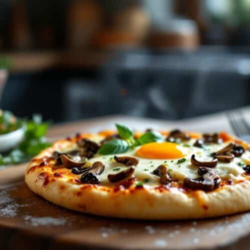 Pizza aux champignons et œuf au centre.
