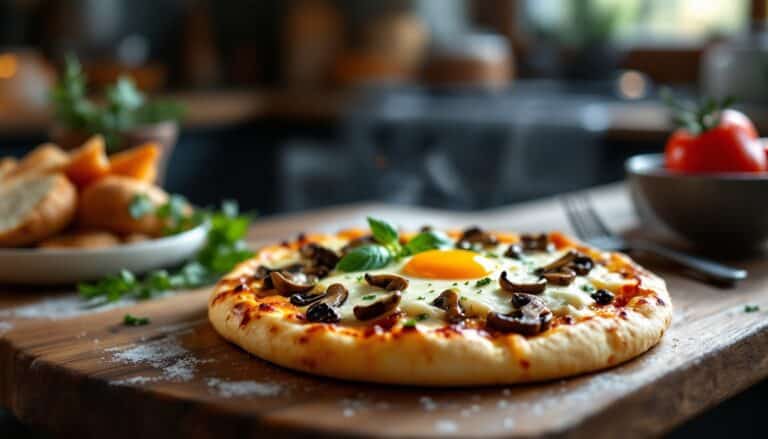 Pizza aux champignons et œuf au centre.