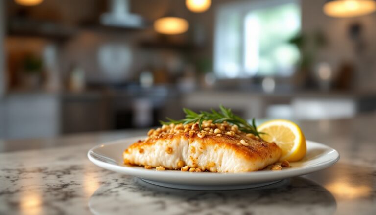 Plat de poisson avec noix et citron.