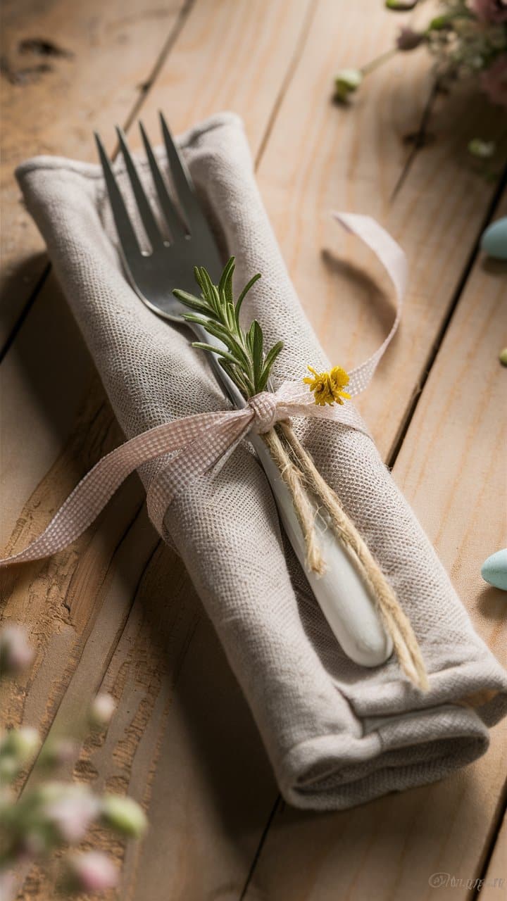 Fourchette sur serviette décorée, table rustique.