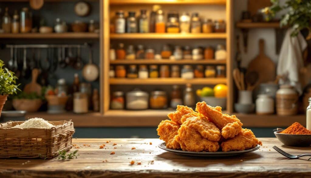 Poulet frit croustillant sur une table rustique.