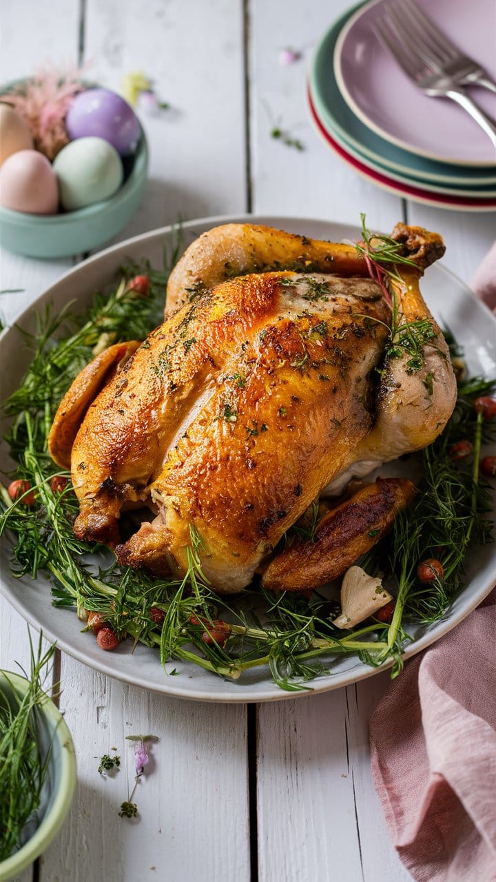Poulet rôti aux herbes sur assiette.