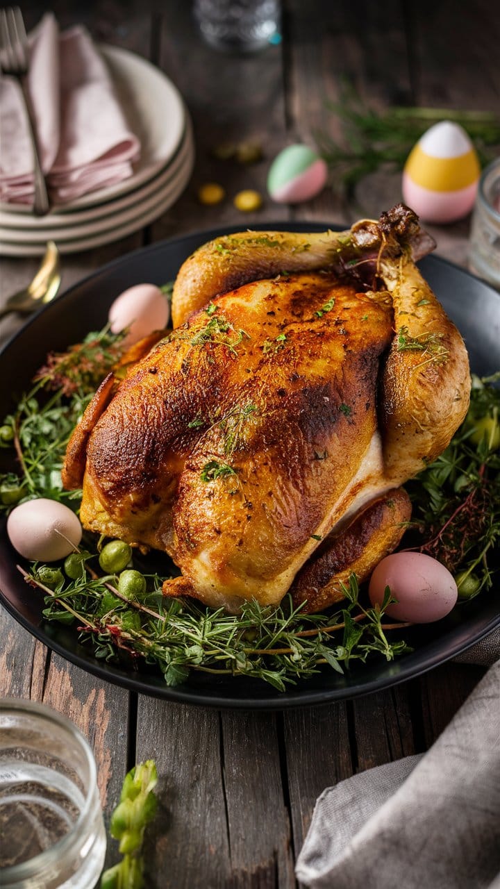 Poulet rôti avec herbes et œufs colorés.