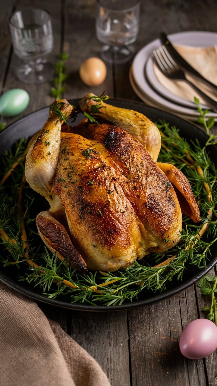 Poulet rôti et herbes sur table de Pâques.