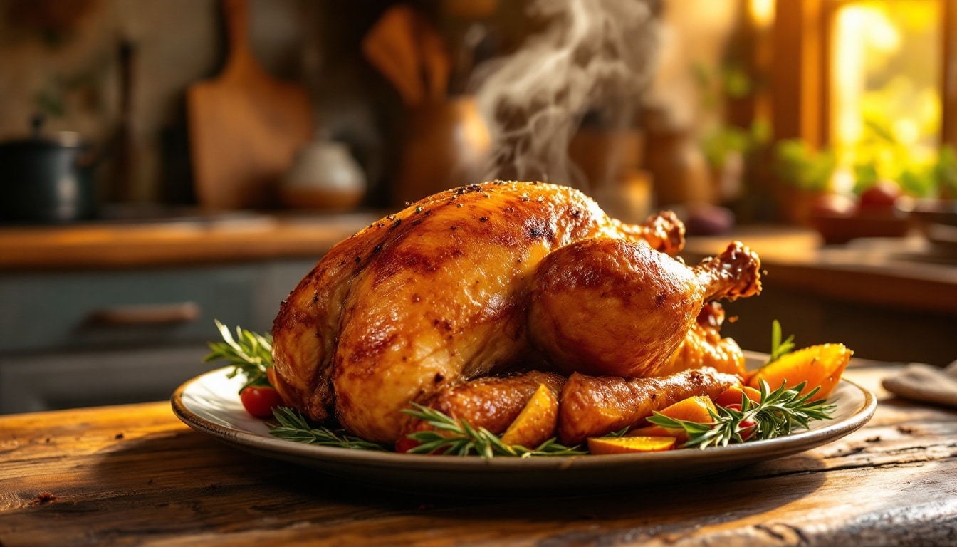 Poulet rôti avec pommes de terre et herbes.