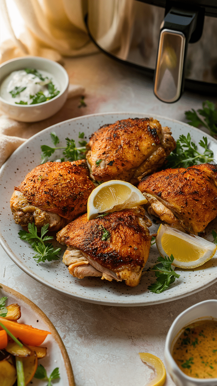 Poulet rôti avec citron et herbes frais.