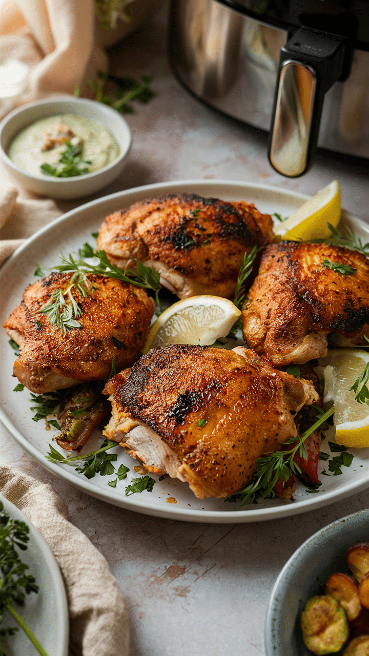 Poulet rôti avec herbes et citron sur assiette.