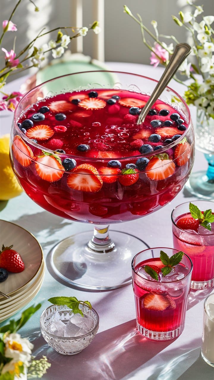 Bowl de punch aux fruits rouges sur table décorée.